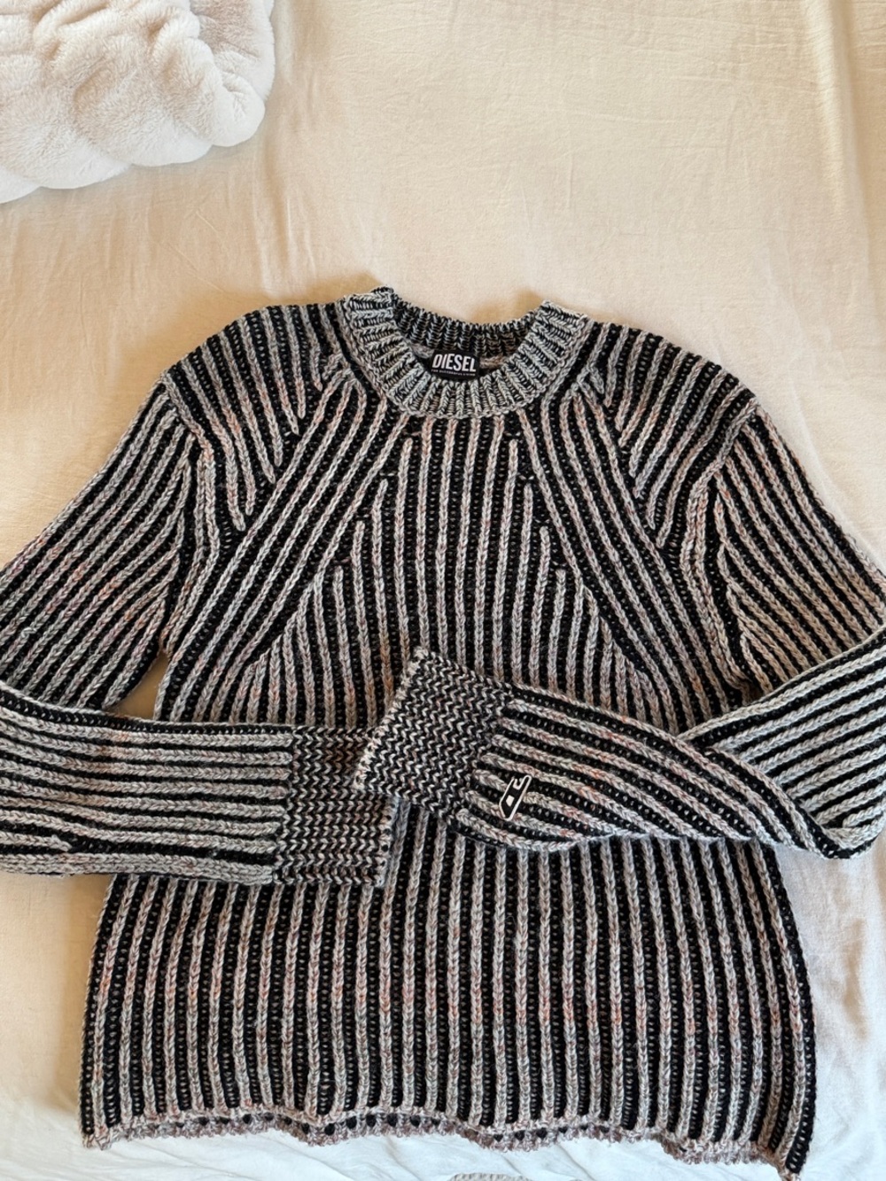 Diesel Black and Gray Striped Ribbed Knit Sweater with Pink undertones